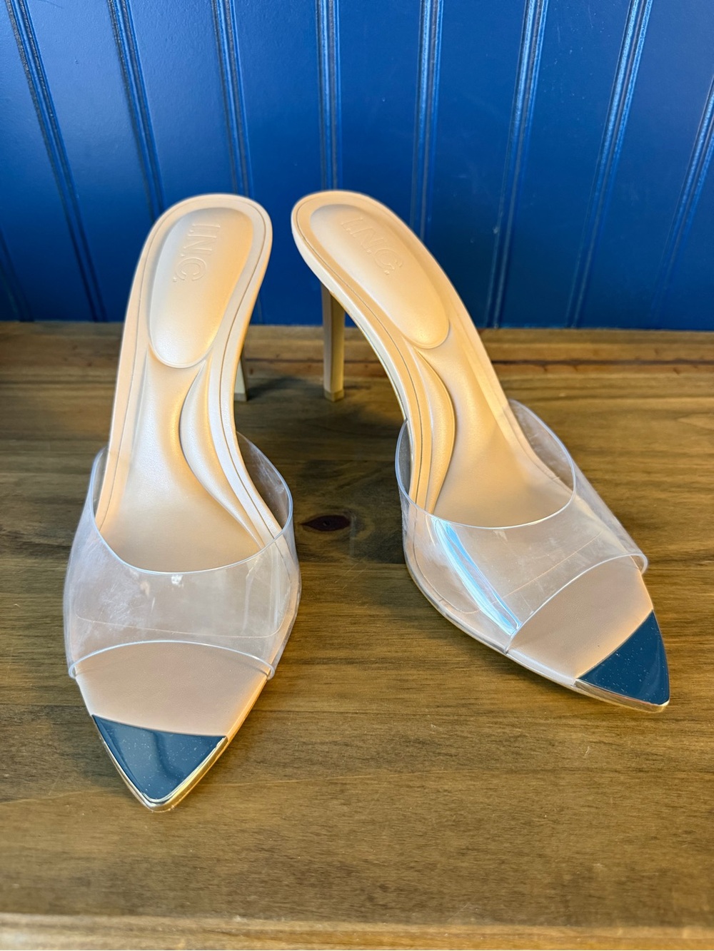 INC International Concepts Ambra Clear Vinyl Nude Stiletto Mules Size 10